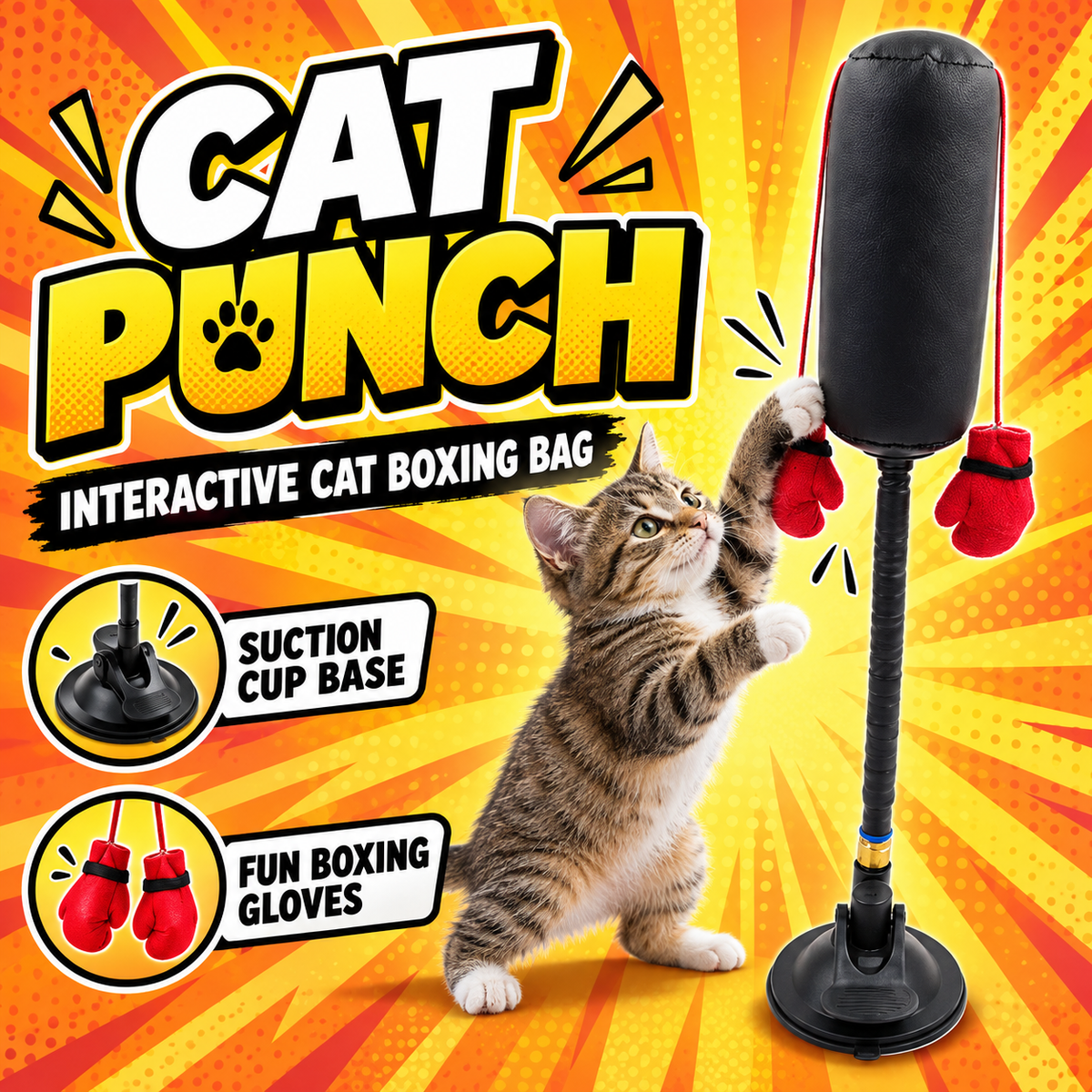 Cat Punch interactive cat boxing bag with a cat punching it