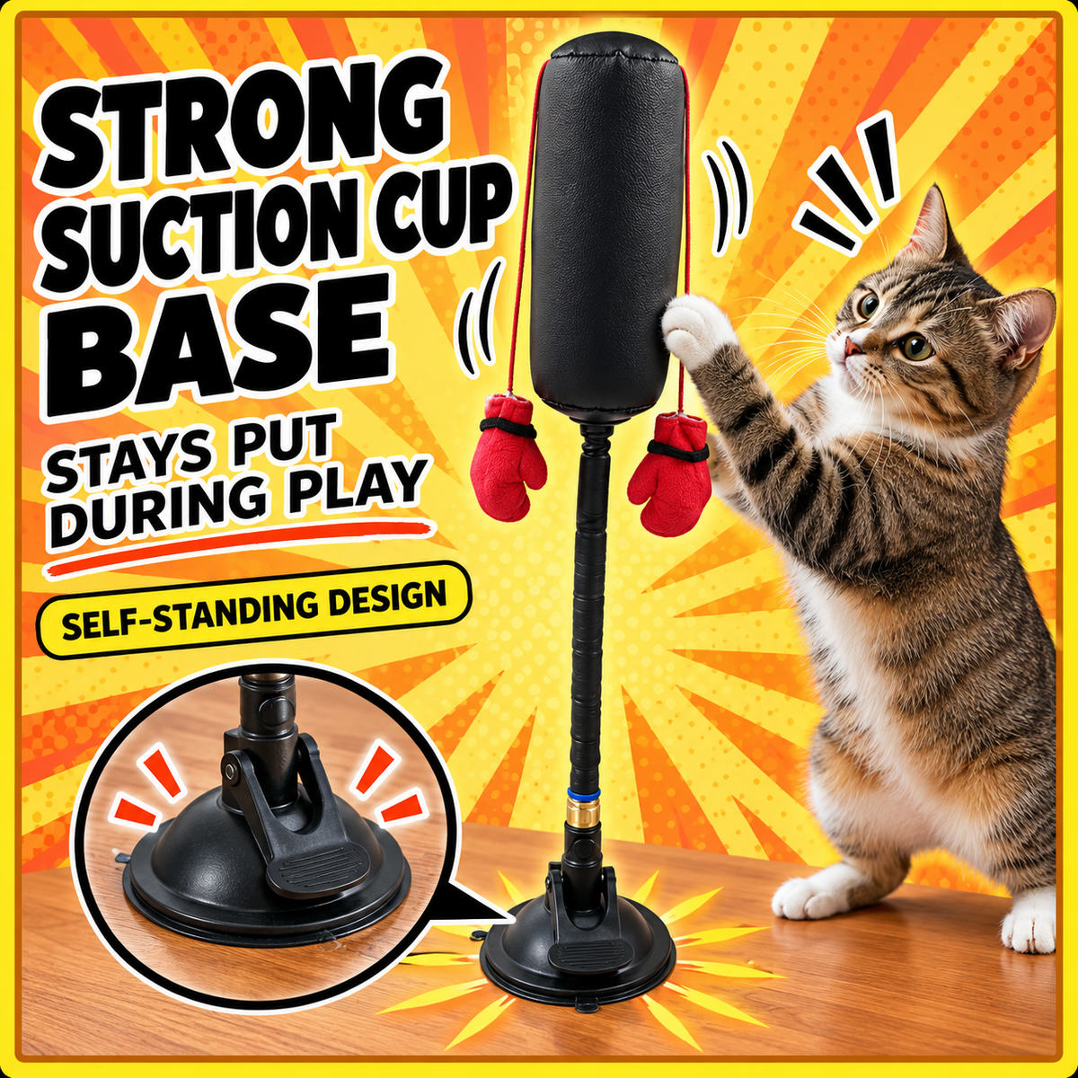 Strong suction cup base stays put during play